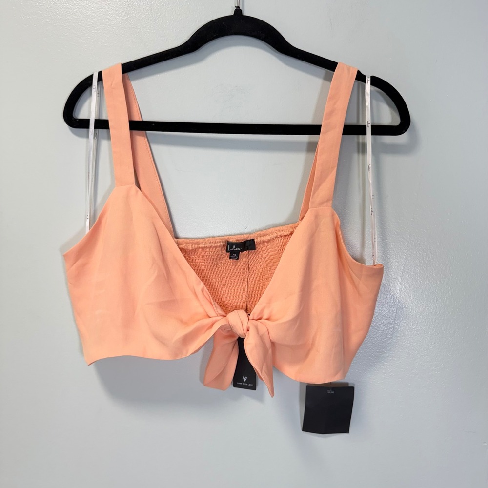 Lulus Peach Tie Front Smocked Back Sleeveless Crop Top XL New